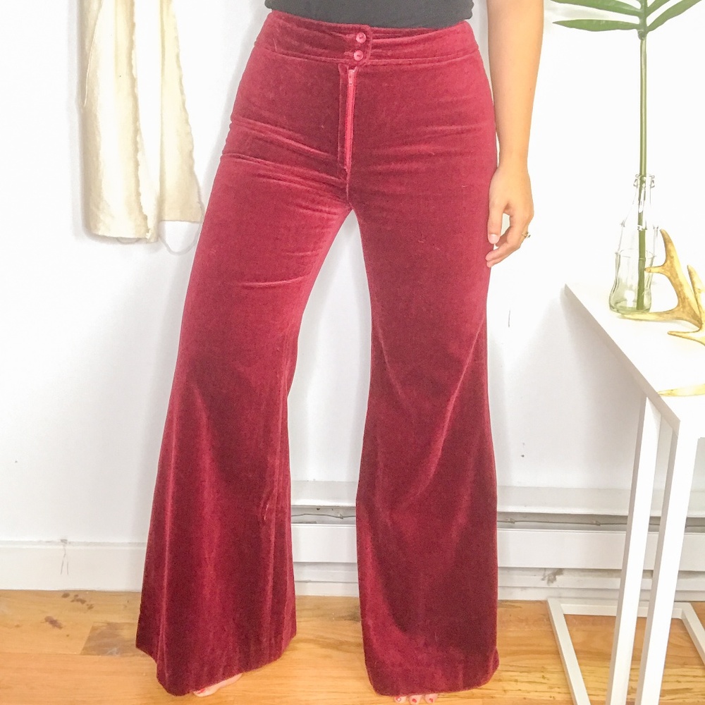 SOLD Vtg 70s Burgandy Velvet High Rise Flare Pants - Picture 1 of 6